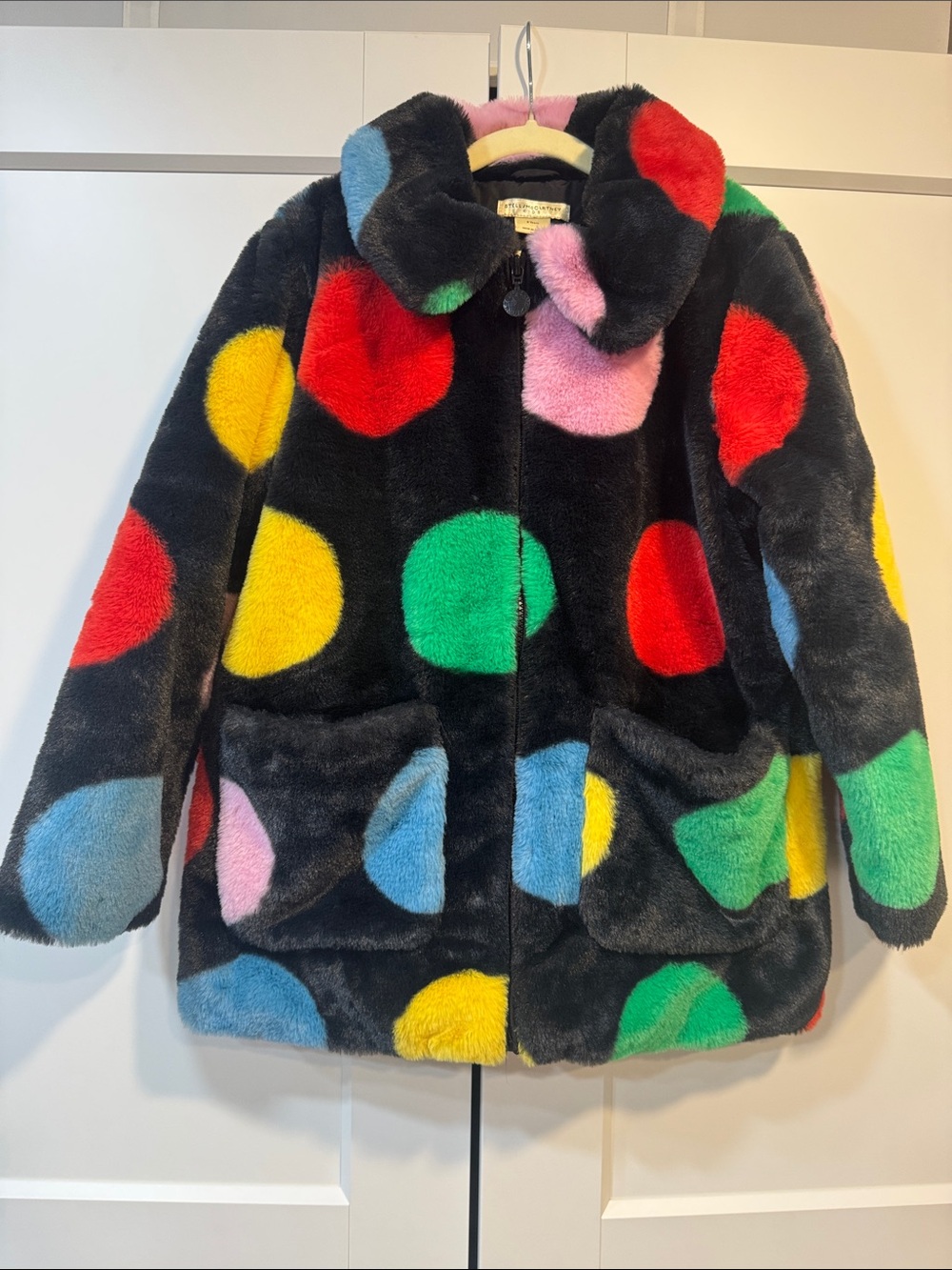 Stella McCartney Kids Black Faux Fur Coat with Multicolor Polka Dots